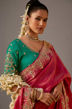 Vibrant Ruby Pink Tissue Silk Saree with Heavy Sequined Border