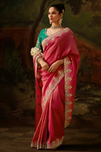 Vibrant Ruby Pink Tissue Silk Saree with Heavy Sequined Border