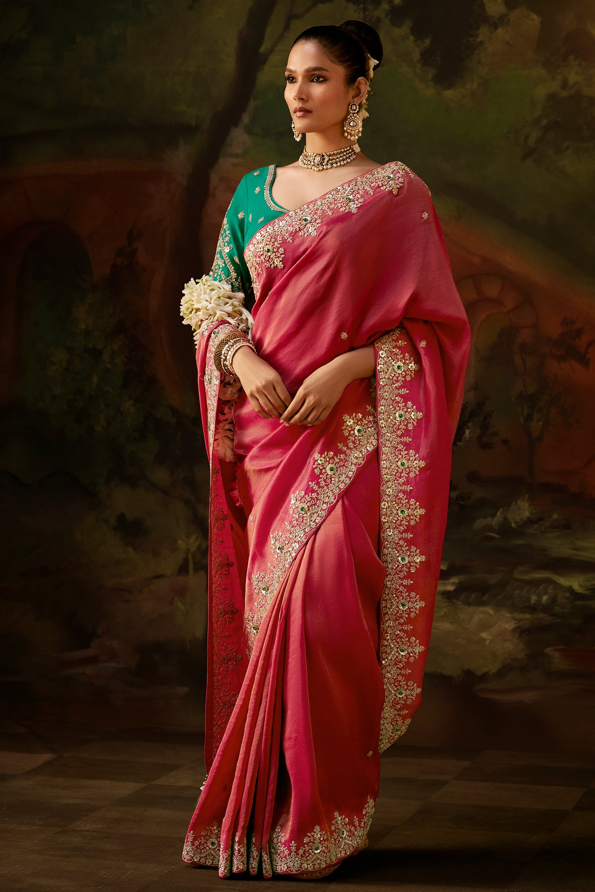 Vibrant Ruby Pink Tissue Silk Saree with Heavy Sequined Border