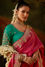 Vibrant Ruby Pink Tissue Silk Saree with Heavy Sequined Border