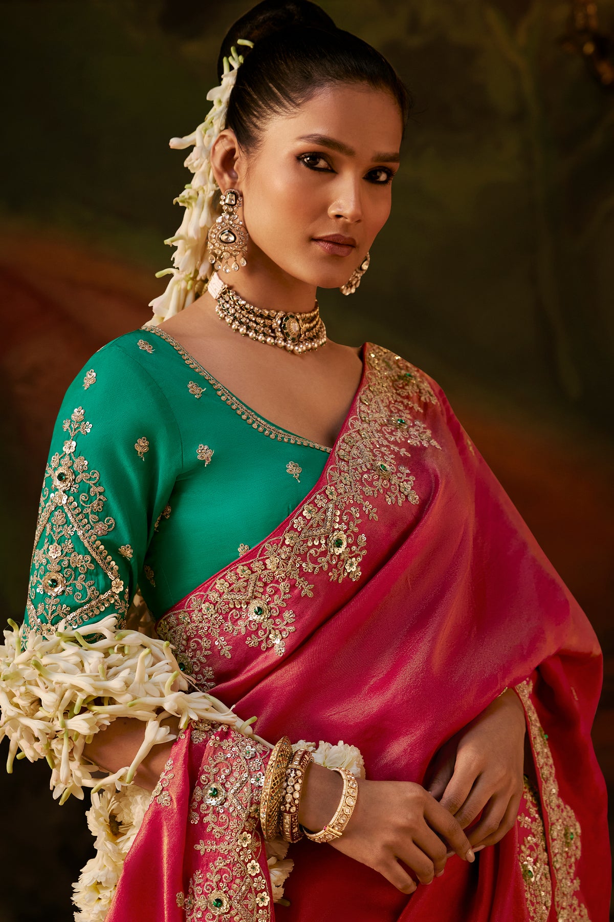Vibrant Ruby Pink Tissue Silk Saree with Heavy Sequined Border