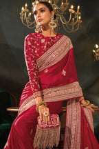 Rich Red Viscose Satin Saree with Intricate Zari, Sequin & Cutdana Hand Work