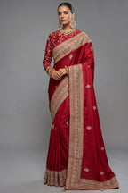Rich Red Viscose Satin Saree with Intricate Zari, Sequin & Cutdana Hand Work