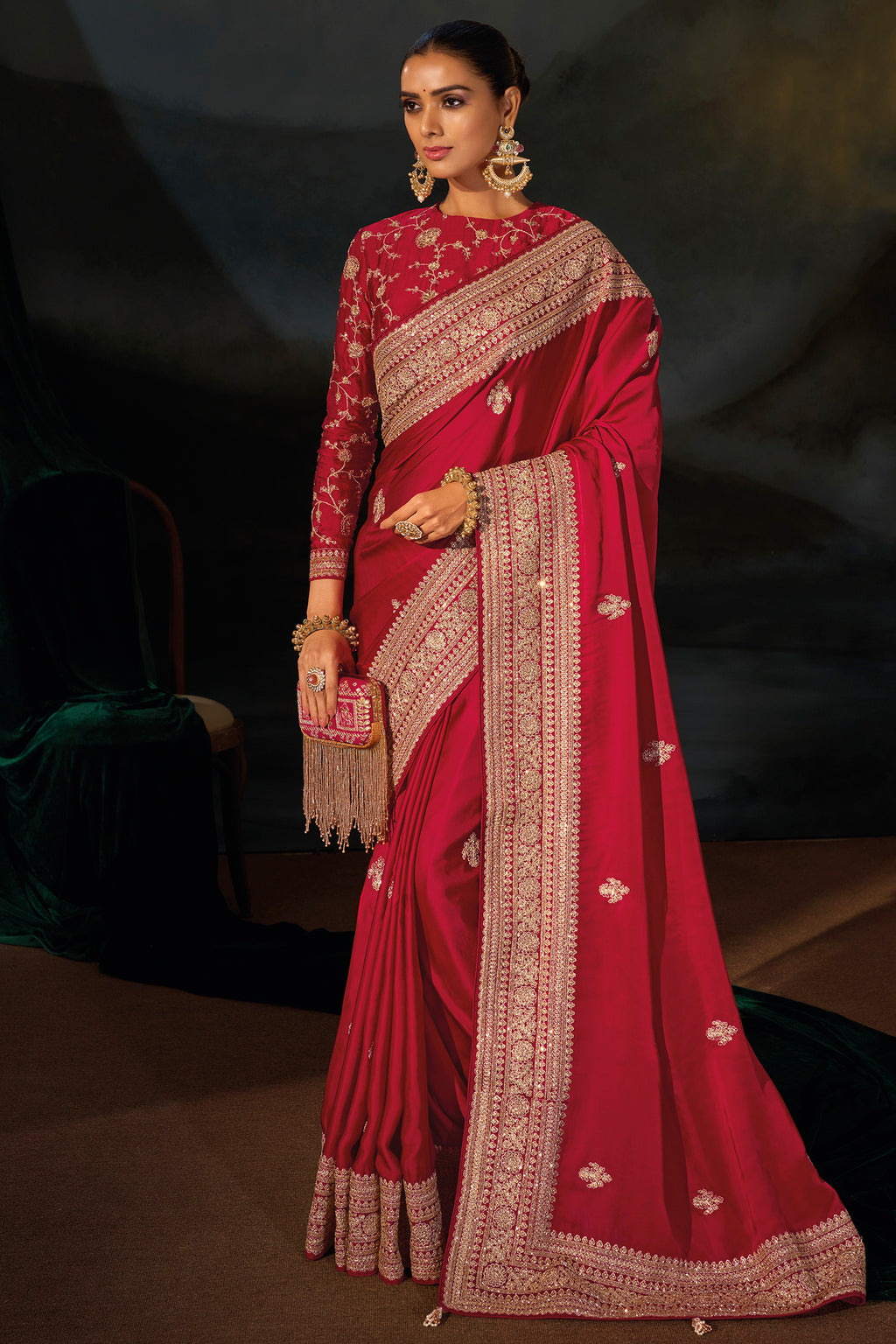 Rich Red Viscose Satin Saree with Intricate Zari, Sequin & Cutdana Hand Work