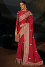 Rich Red Viscose Satin Saree with Intricate Zari, Sequin & Cutdana Hand Work