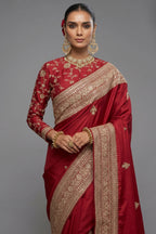 Rich Red Viscose Satin Saree with Intricate Zari, Sequin & Cutdana Hand Work