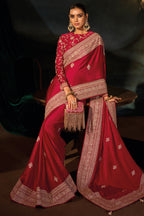 Rich Red Viscose Satin Saree with Intricate Zari, Sequin & Cutdana Hand Work