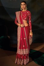 Rich Red Viscose Satin Saree with Intricate Zari, Sequin & Cutdana Hand Work