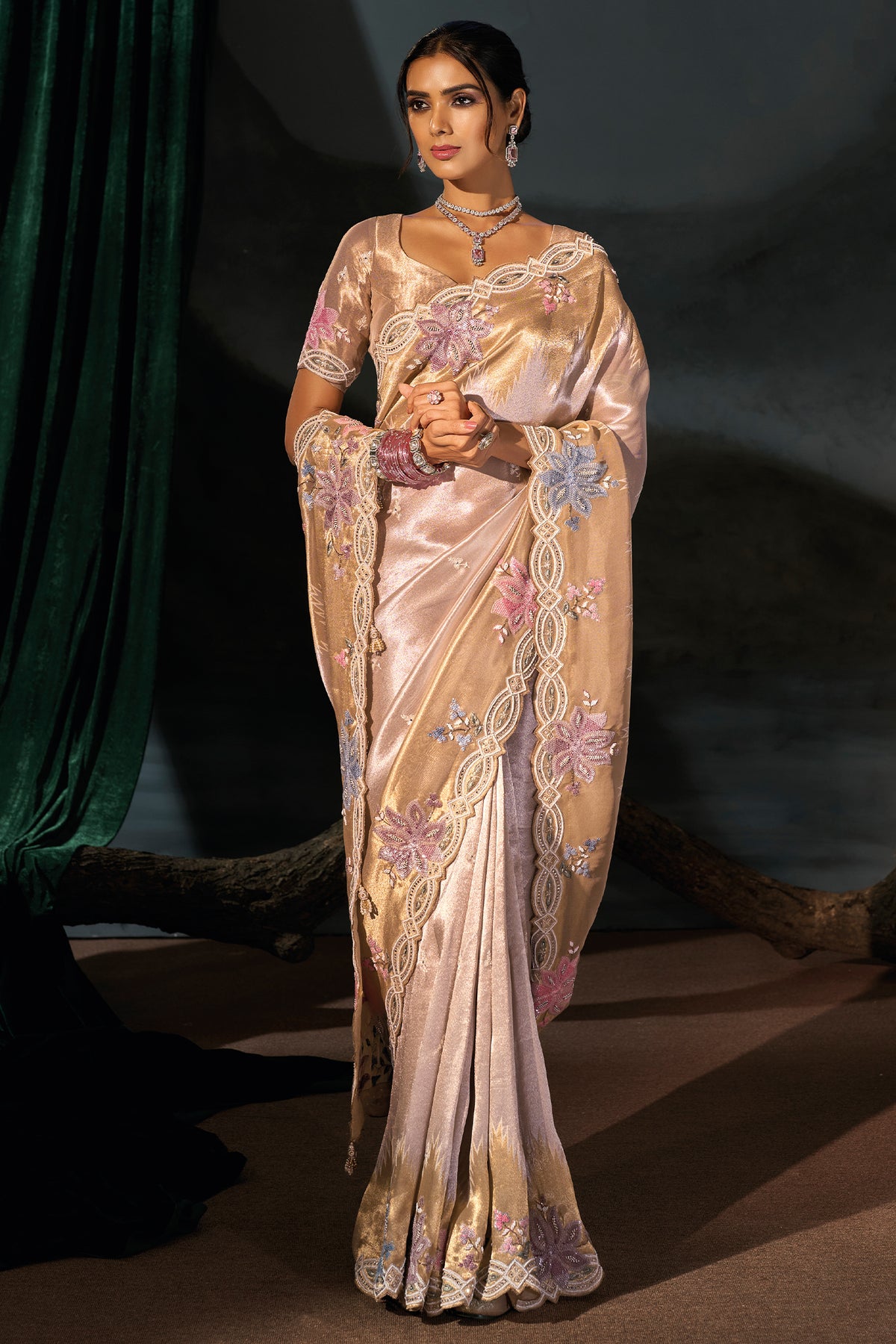 Cream Madhurai Silk Saree with Moti & Sequin Heavy Hand Embroidered Borders