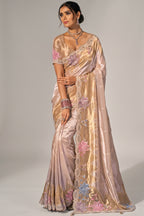 Cream Madhurai Silk Saree with Moti & Sequin Heavy Hand Embroidered Borders