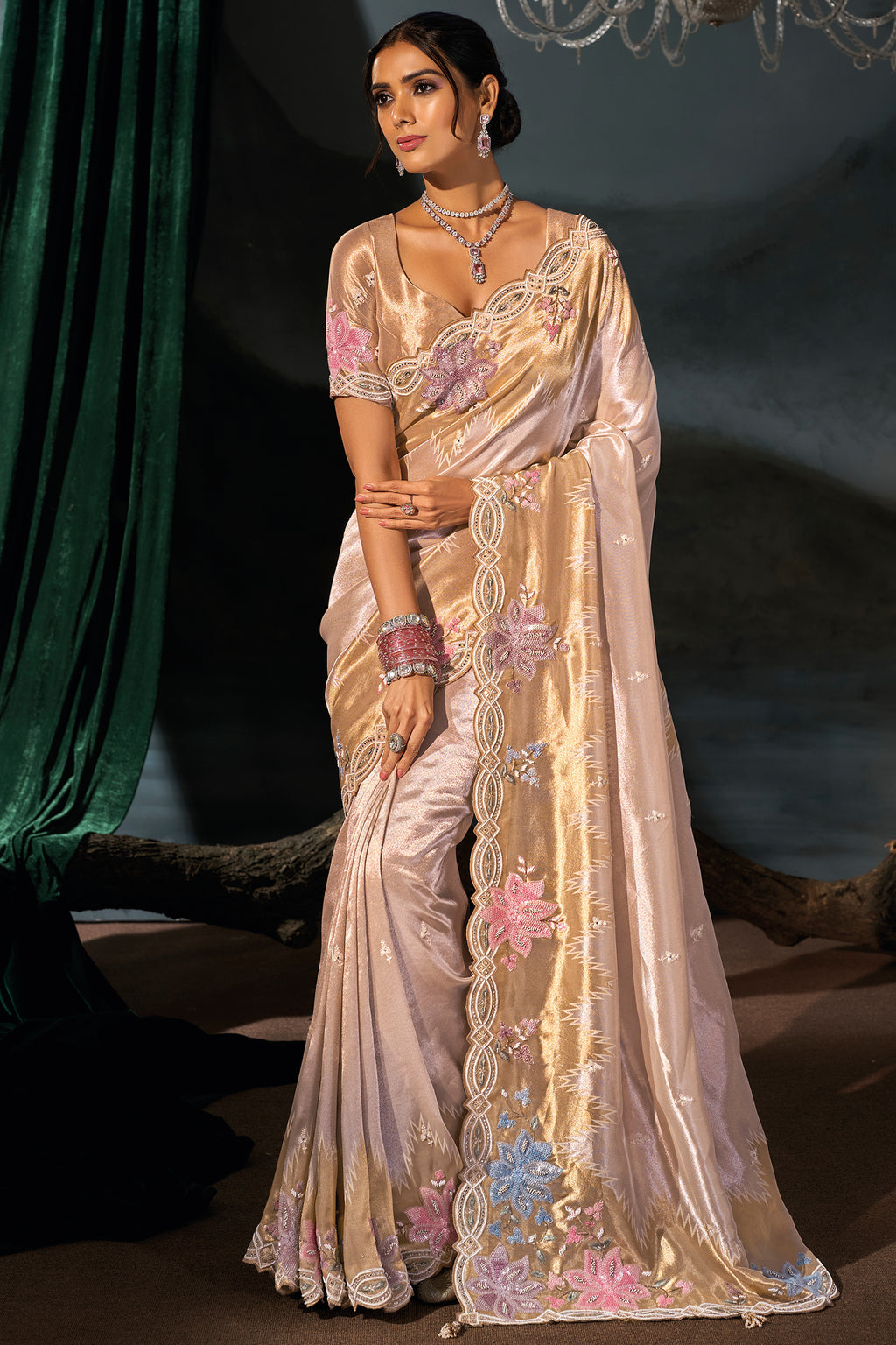 Cream Madhurai Silk Saree with Moti & Sequin Heavy Hand Embroidered Borders