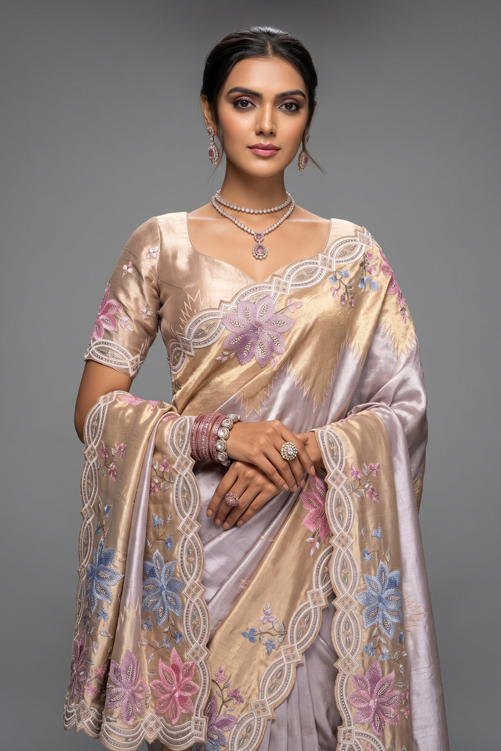 Cream Madhurai Silk Saree with Moti & Sequin Heavy Hand Embroidered Borders