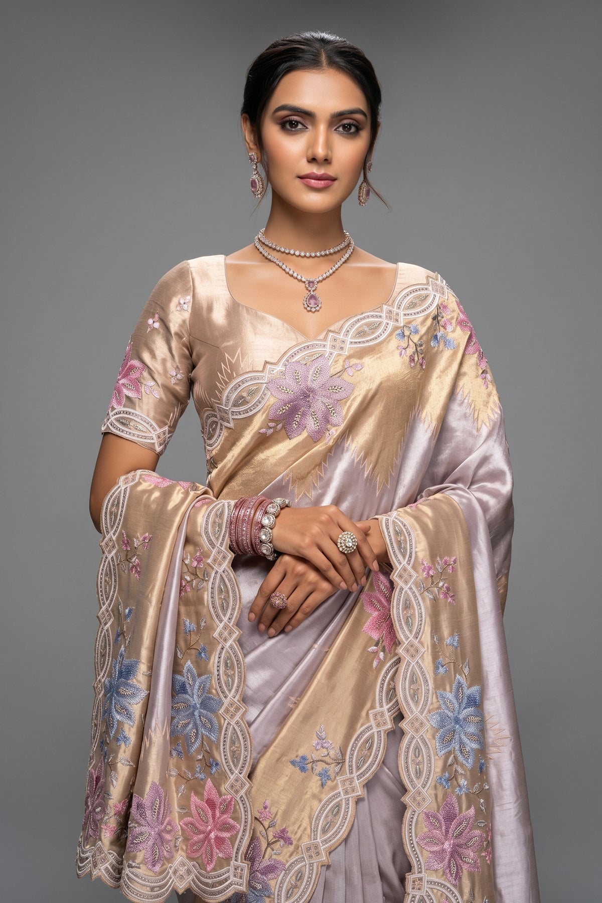 Cream Madhurai Silk Saree with Moti & Sequin Heavy Hand Embroidered Borders
