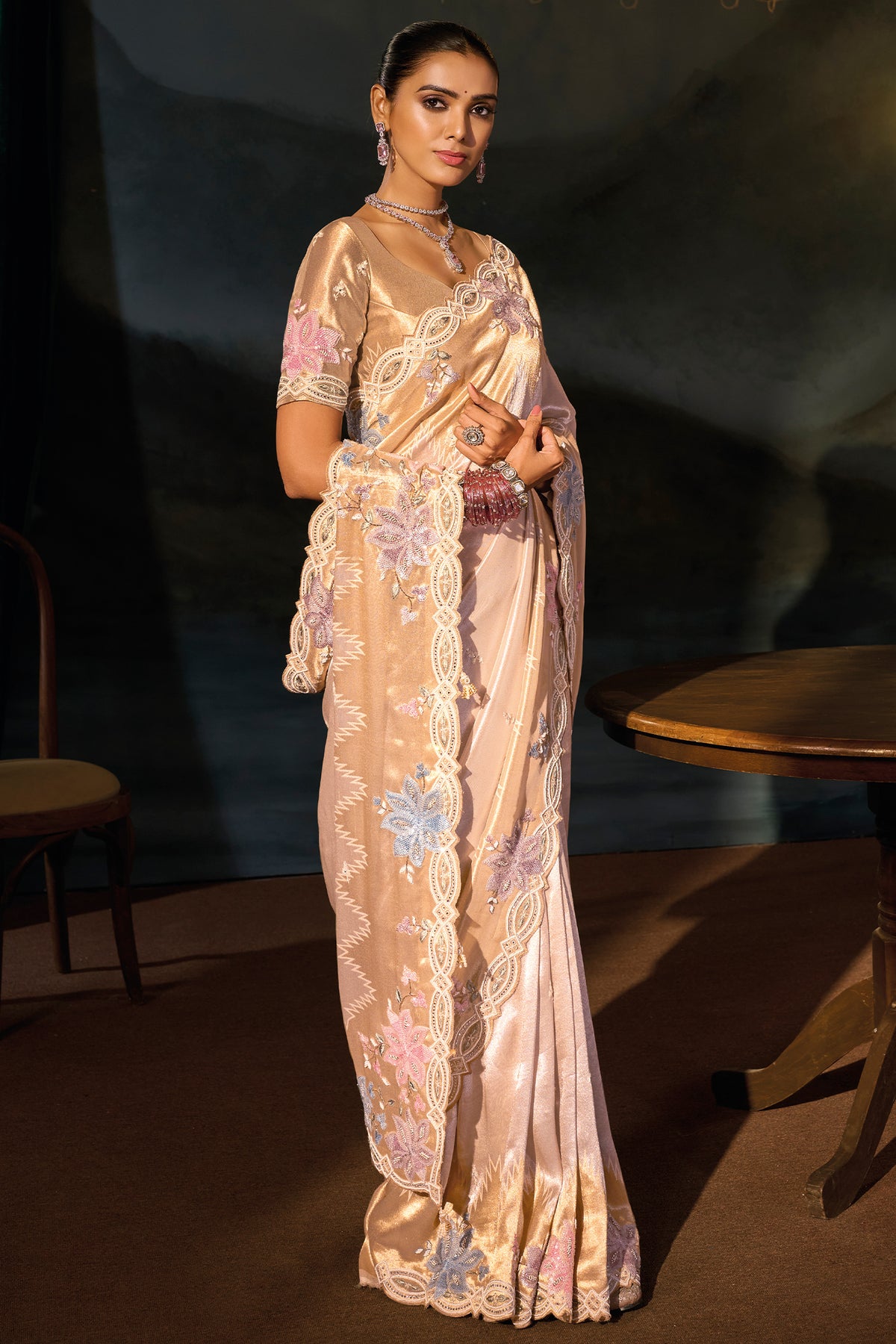 Cream Madhurai Silk Saree with Moti & Sequin Heavy Hand Embroidered Borders