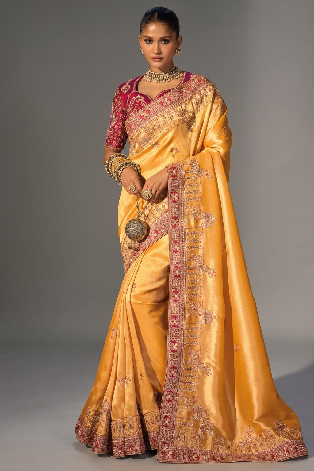 Mustard Madhurai Silk Heavy Hand Embroidered Saree
