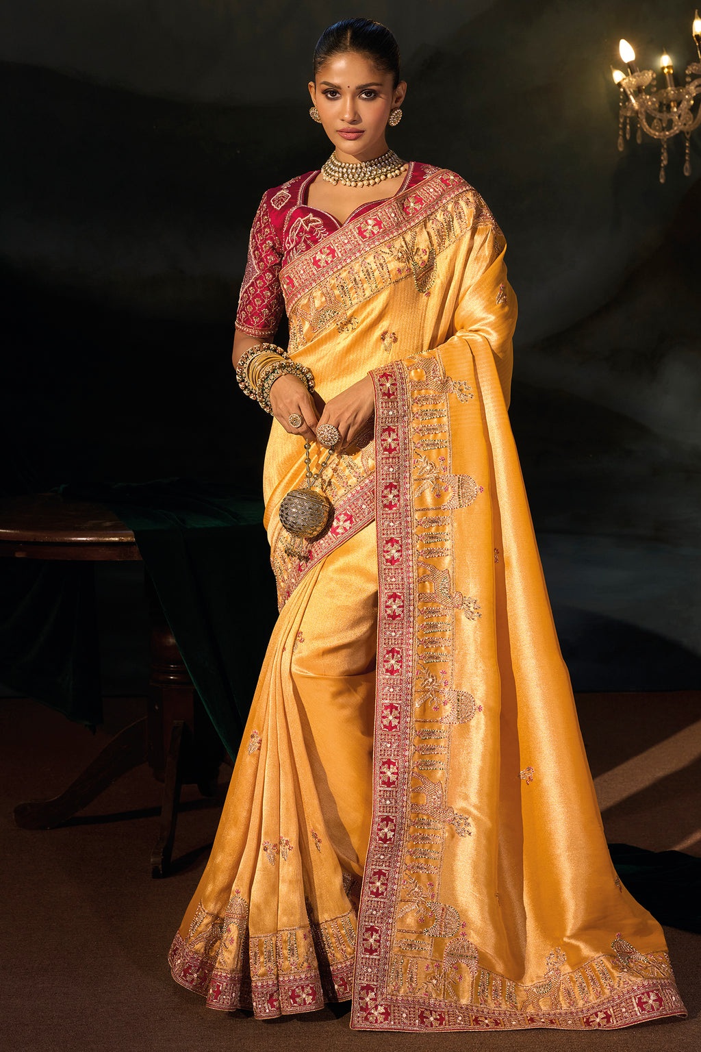 Mustard Madhurai Silk Heavy Hand Embroidered Saree
