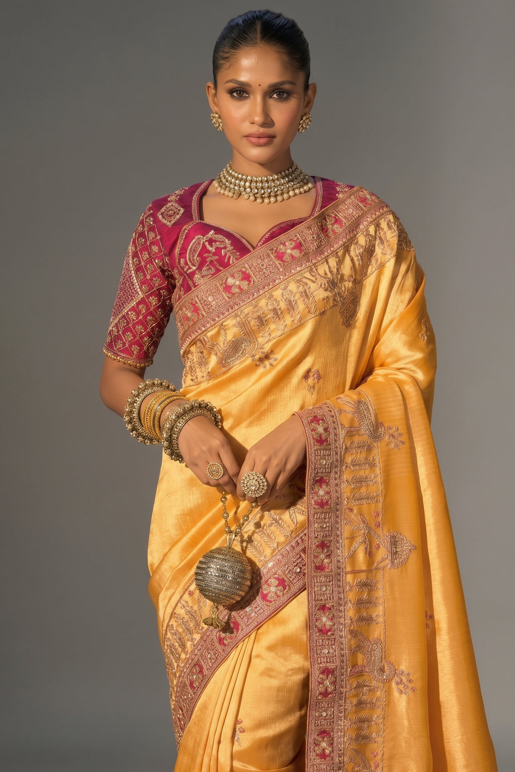 Mustard Madhurai Silk Heavy Hand Embroidered Saree