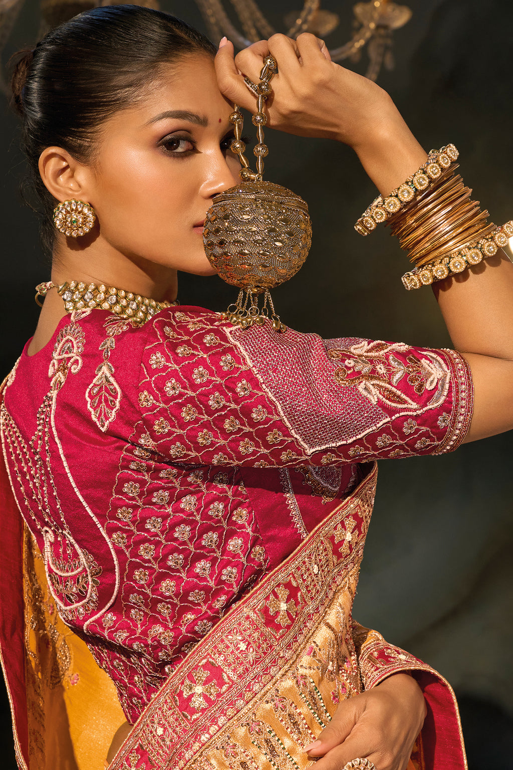 Mustard Madhurai Silk Heavy Hand Embroidered Saree