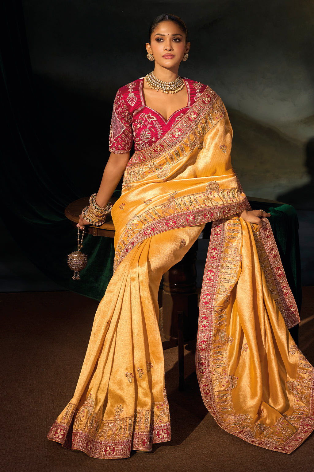 Mustard Madhurai Silk Heavy Hand Embroidered Saree