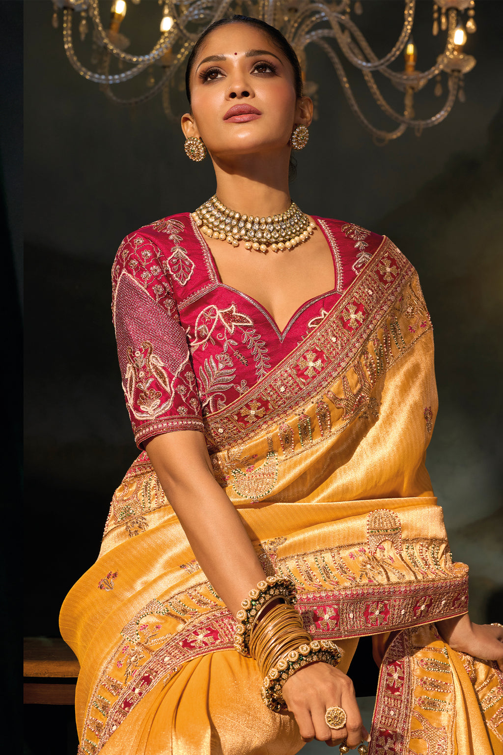 Mustard Madhurai Silk Heavy Hand Embroidered Saree