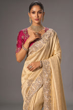 Cream Kanjivaram Jacquard Saree with Moti & Cut-Dana Hand Work