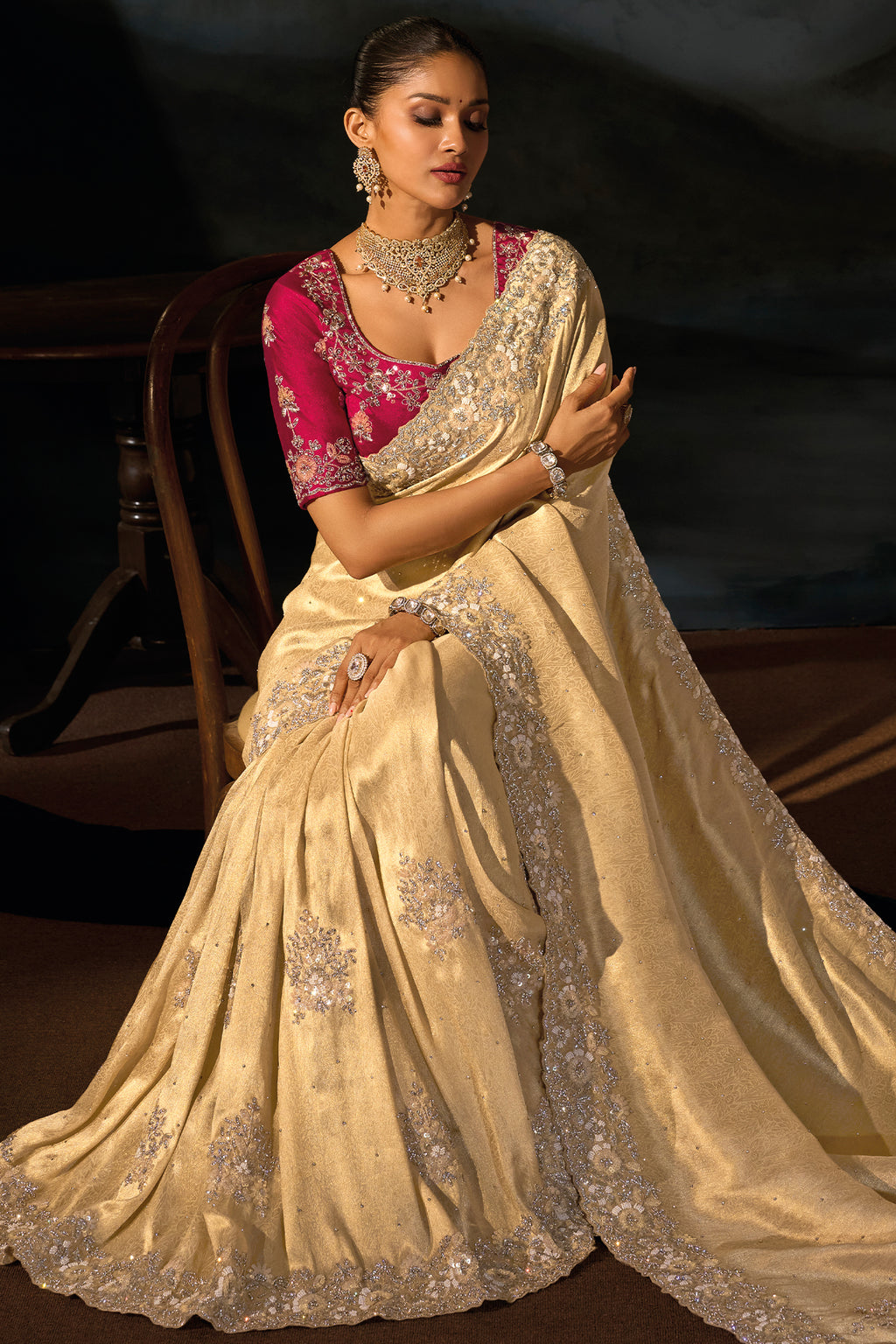 Cream Kanjivaram Jacquard Saree with Moti & Cut-Dana Hand Work