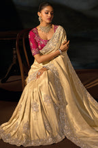 Cream Kanjivaram Jacquard Saree with Moti & Cut-Dana Hand Work