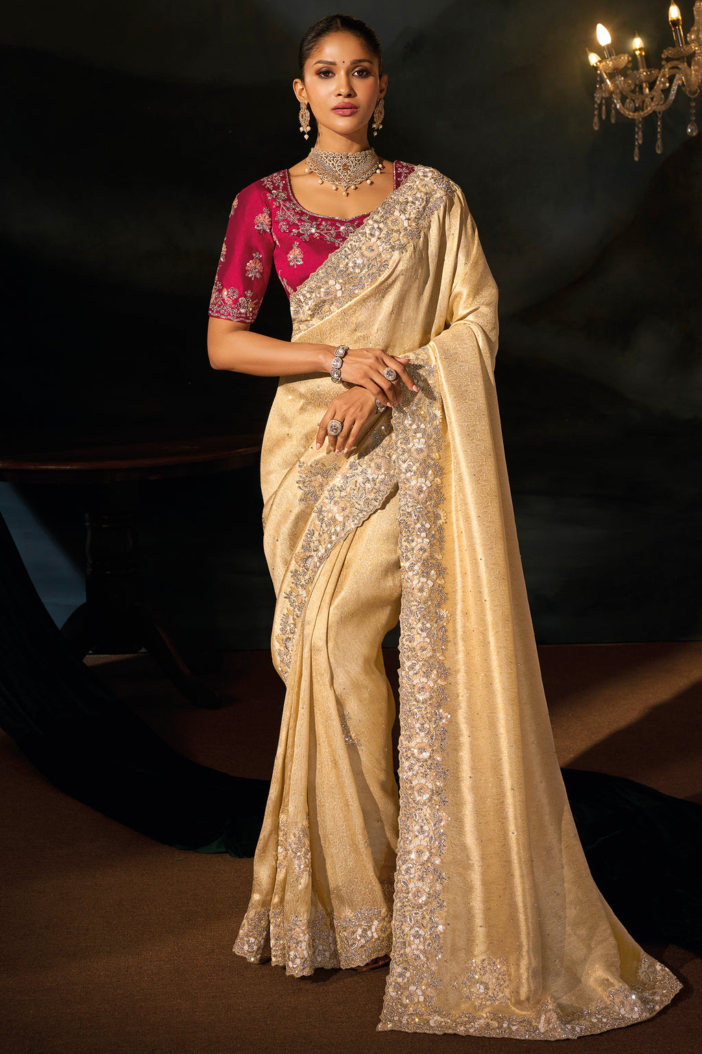 Cream Kanjivaram Jacquard Saree with Moti & Cut-Dana Hand Work
