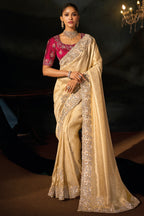Cream Kanjivaram Jacquard Saree with Moti & Cut-Dana Hand Work