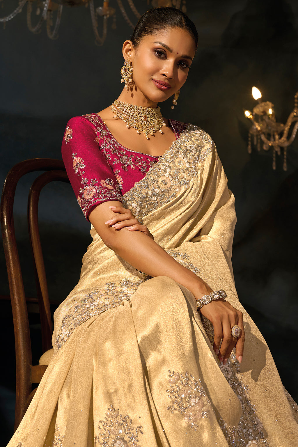 Cream Kanjivaram Jacquard Saree with Moti & Cut-Dana Hand Work