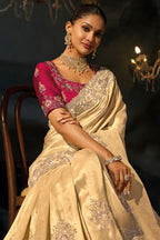 Cream Kanjivaram Jacquard Saree with Moti & Cut-Dana Hand Work