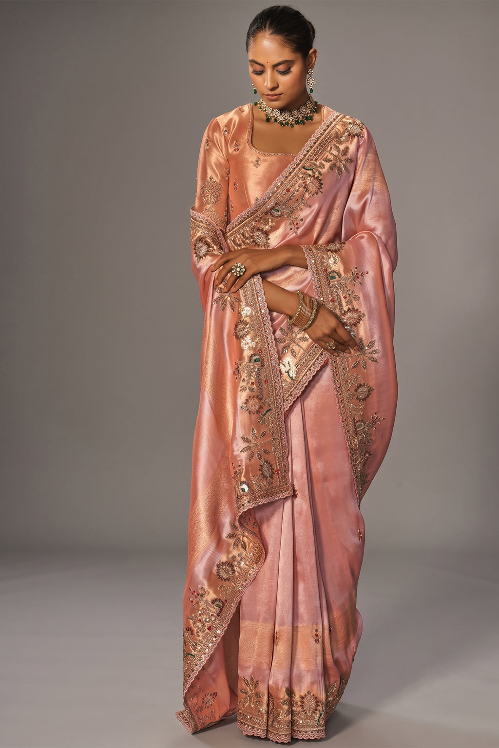 Peach Madhurai Silk Heavy Zardosi & Cutdana Hand Work Saree