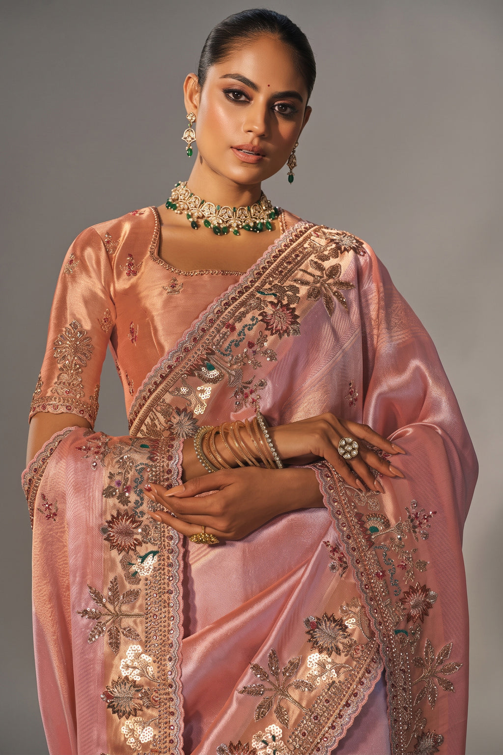 Peach Madhurai Silk Heavy Zardosi & Cutdana Hand Work Saree
