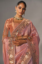 Peach Madhurai Silk Heavy Zardosi & Cutdana Hand Work Saree