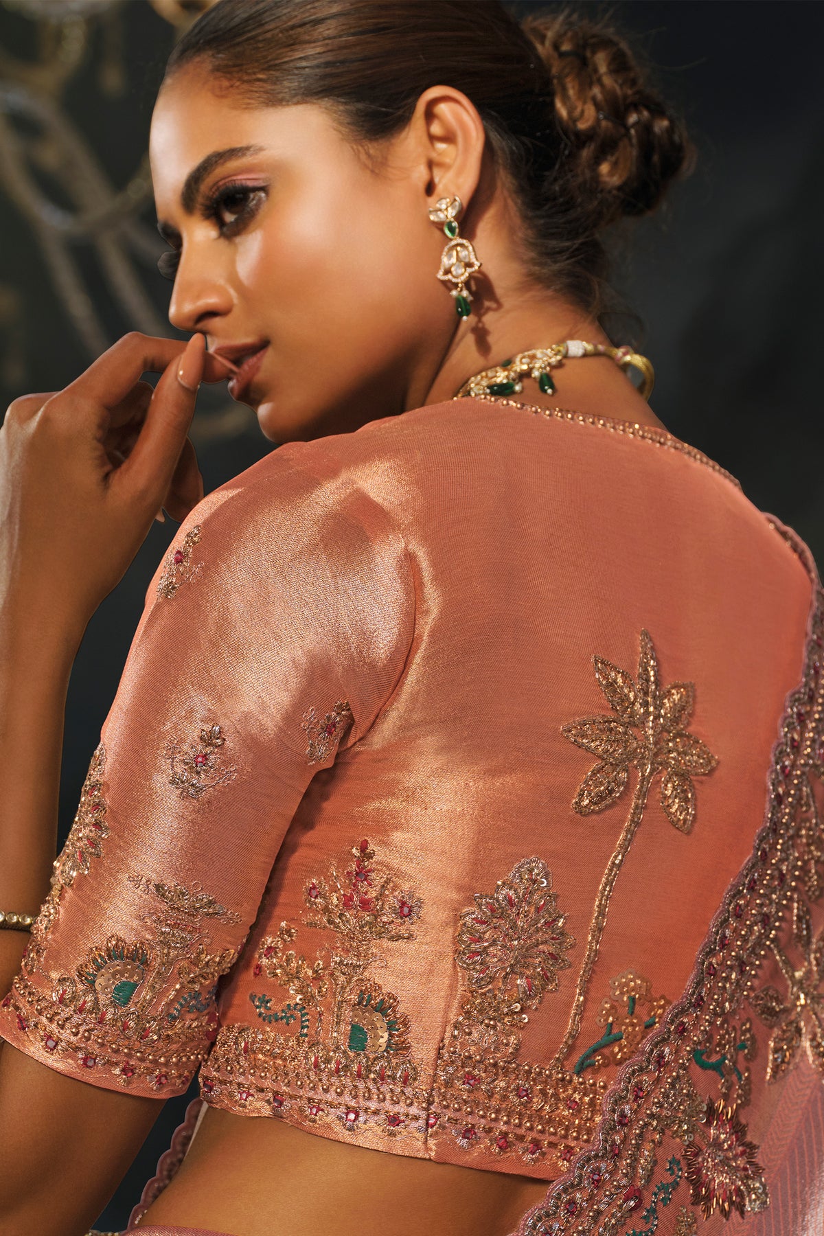 Peach Madhurai Silk Heavy Zardosi & Cutdana Hand Work Saree