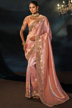 Peach Madhurai Silk Heavy Zardosi & Cutdana Hand Work Saree