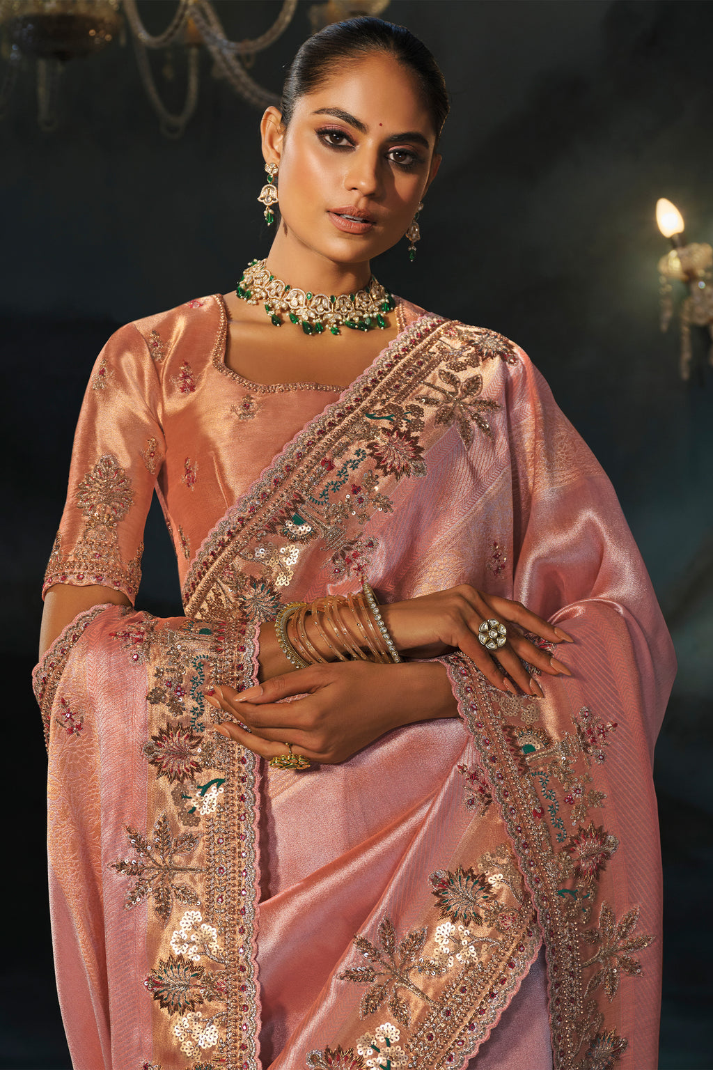Peach Madhurai Silk Heavy Zardosi & Cutdana Hand Work Saree