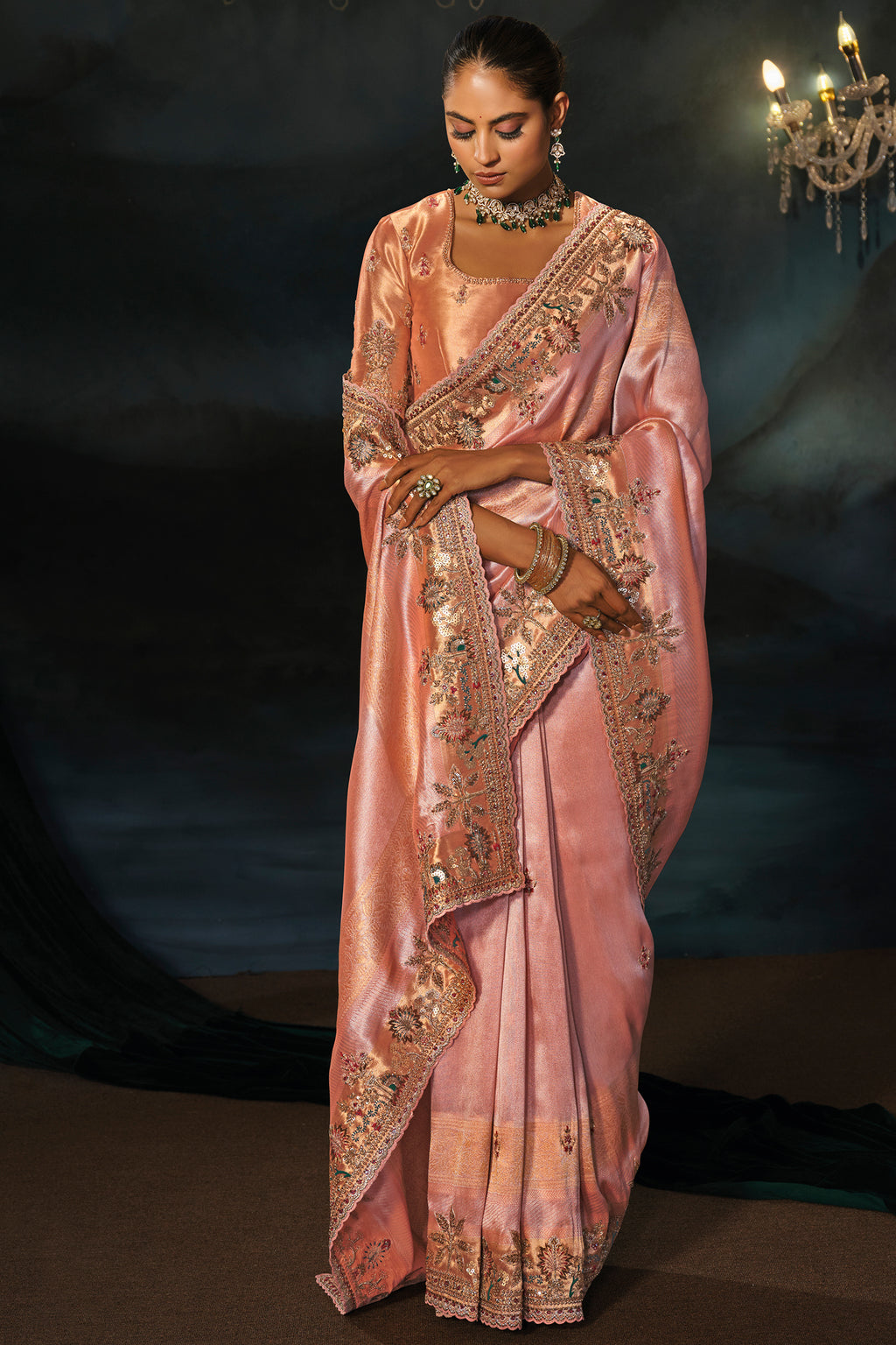 Peach Madhurai Silk Heavy Zardosi & Cutdana Hand Work Saree