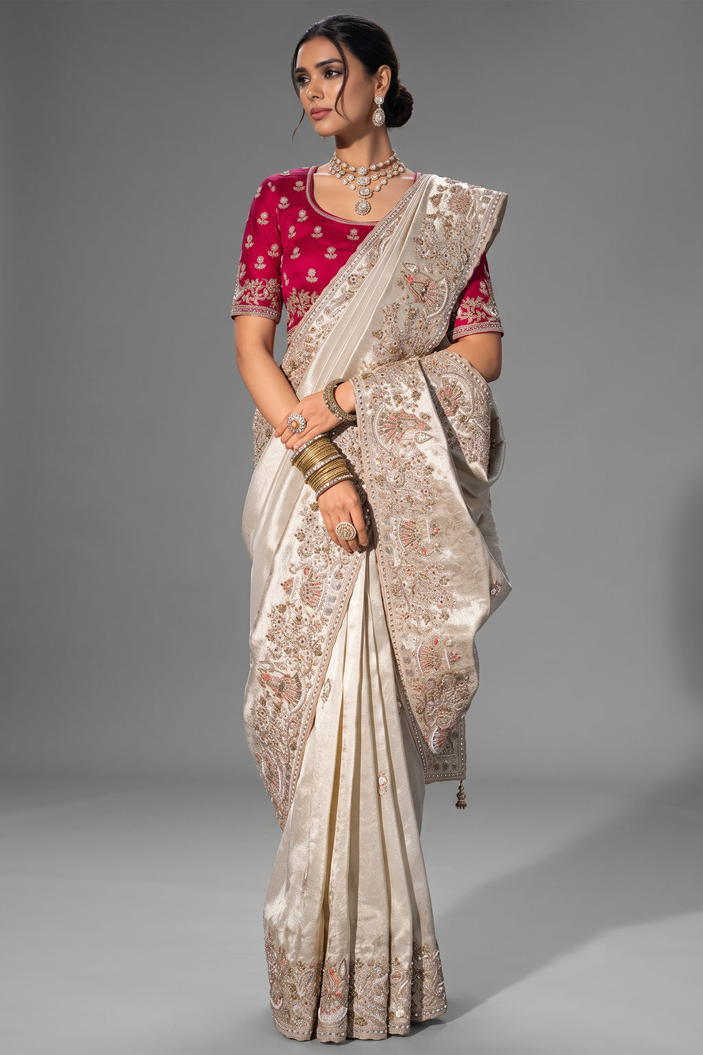 Chiku Beige Kanjivaram Saree with Thread & Moti Embroidery