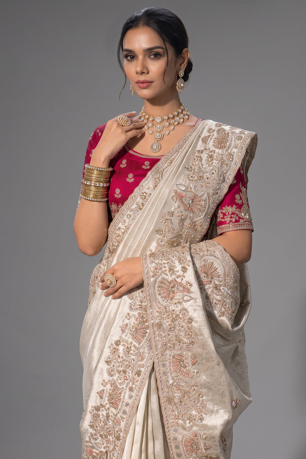 Chiku Beige Kanjivaram Saree with Thread & Moti Embroidery