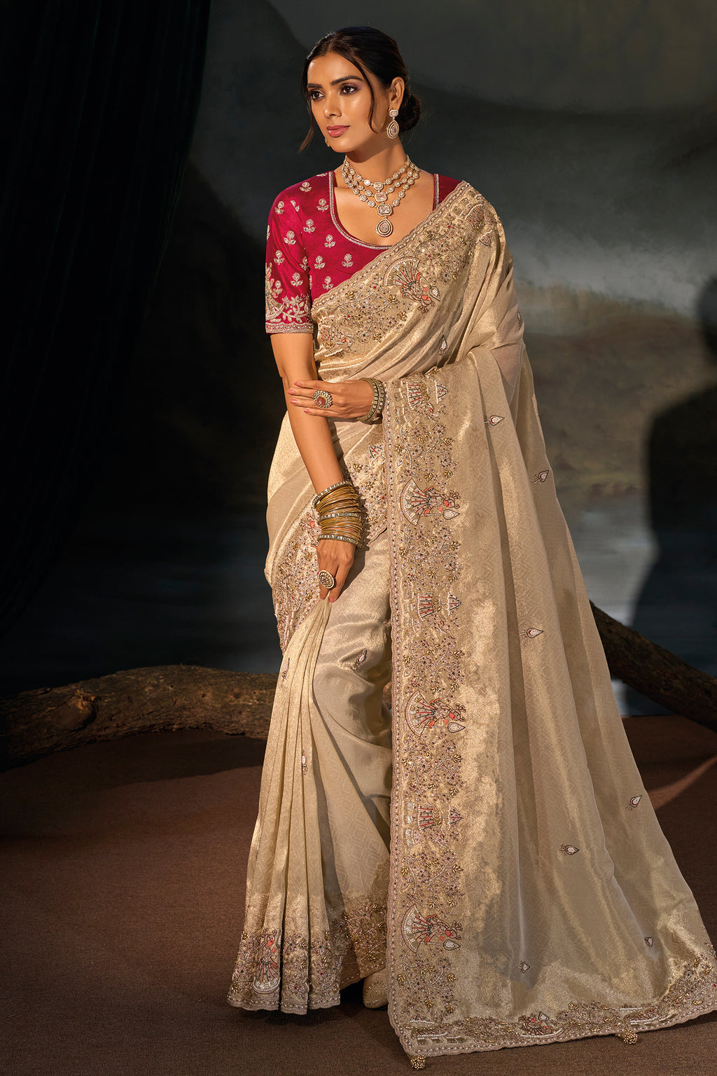 Chiku Beige Kanjivaram Saree with Thread & Moti Embroidery