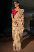 Chiku Beige Kanjivaram Saree with Thread & Moti Embroidery