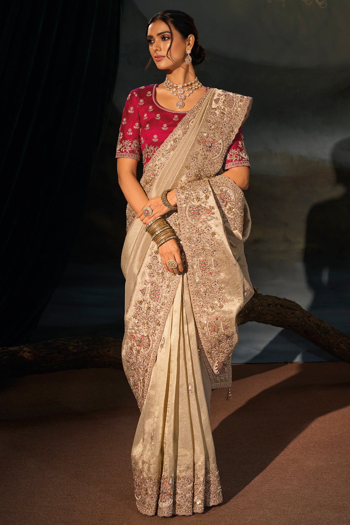 Chiku Beige Kanjivaram Saree with Thread & Moti Embroidery