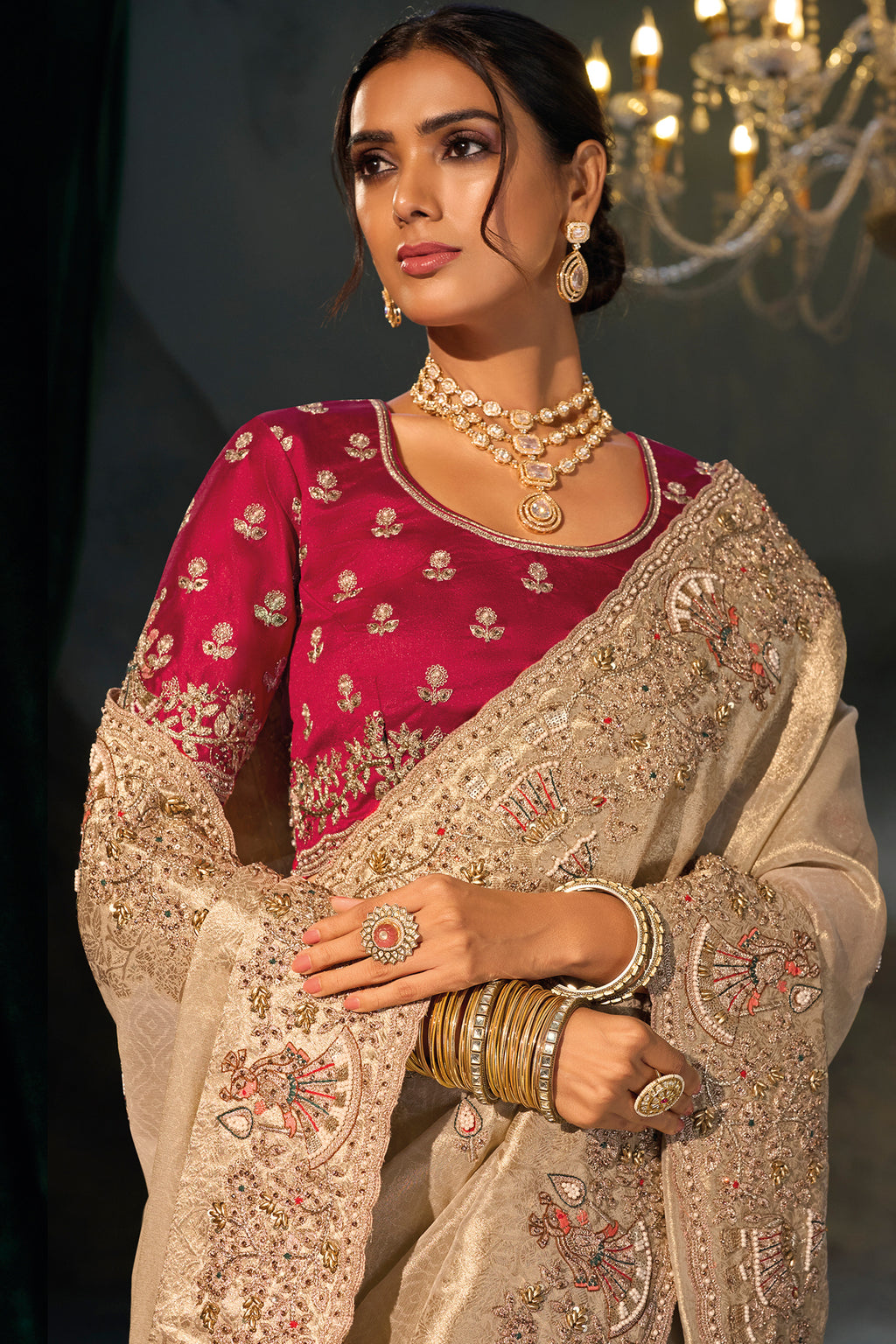 Chiku Beige Kanjivaram Saree with Thread & Moti Embroidery