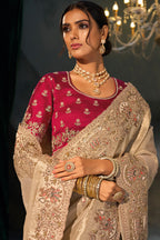 Chiku Beige Kanjivaram Saree with Thread & Moti Embroidery