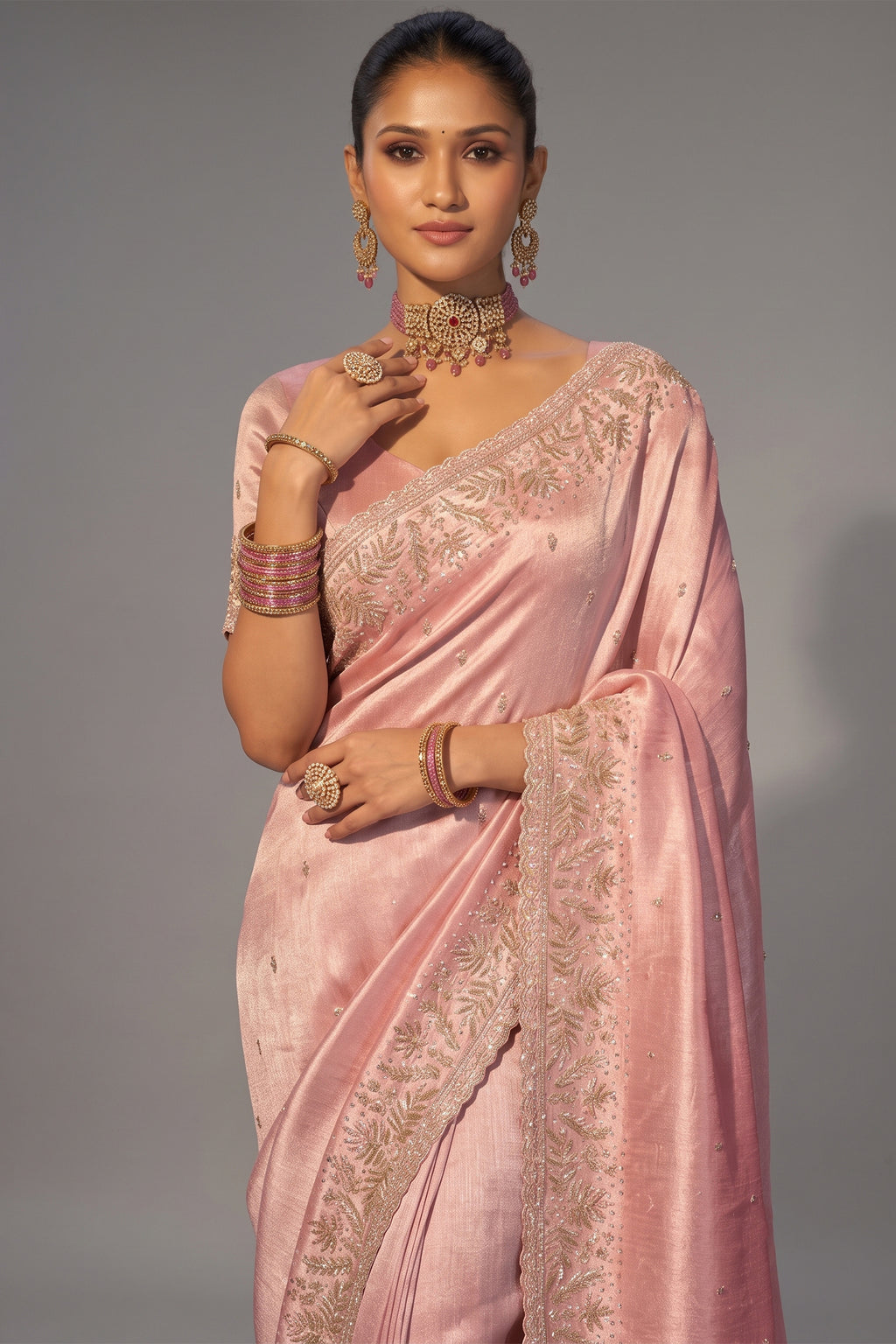 Pink Madhurai Silk Pearl-Embellished Saree