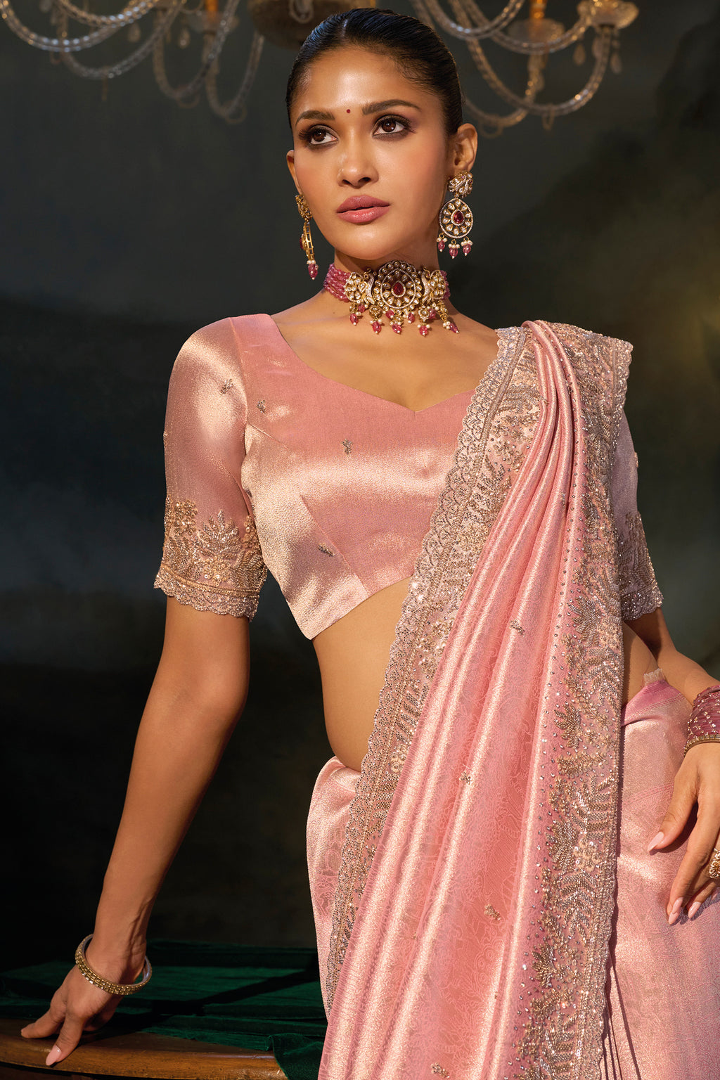 Pink Madhurai Silk Pearl-Embellished Saree