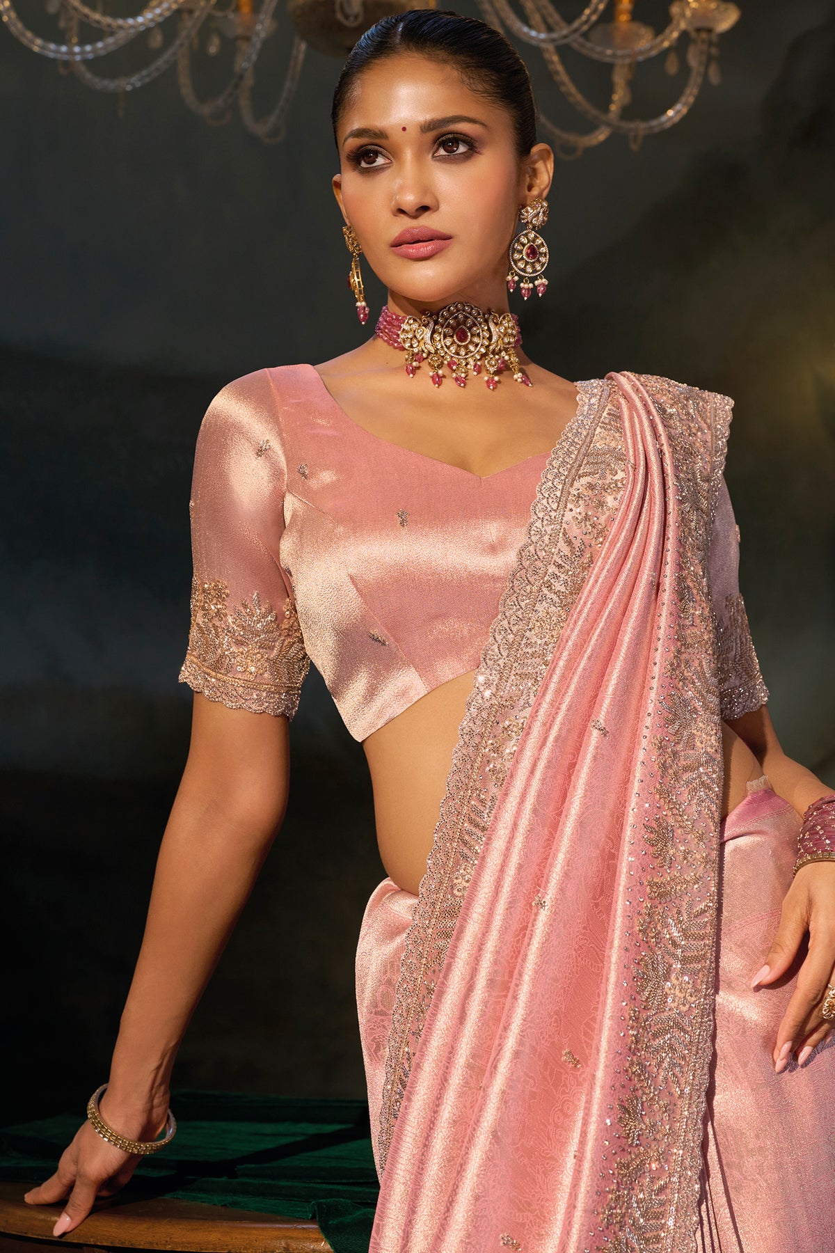 Pink Madhurai Silk Pearl-Embellished Saree
