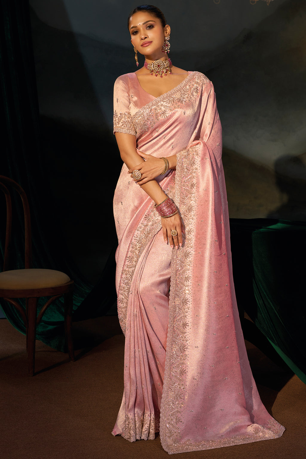 Pink Madhurai Silk Pearl-Embellished Saree