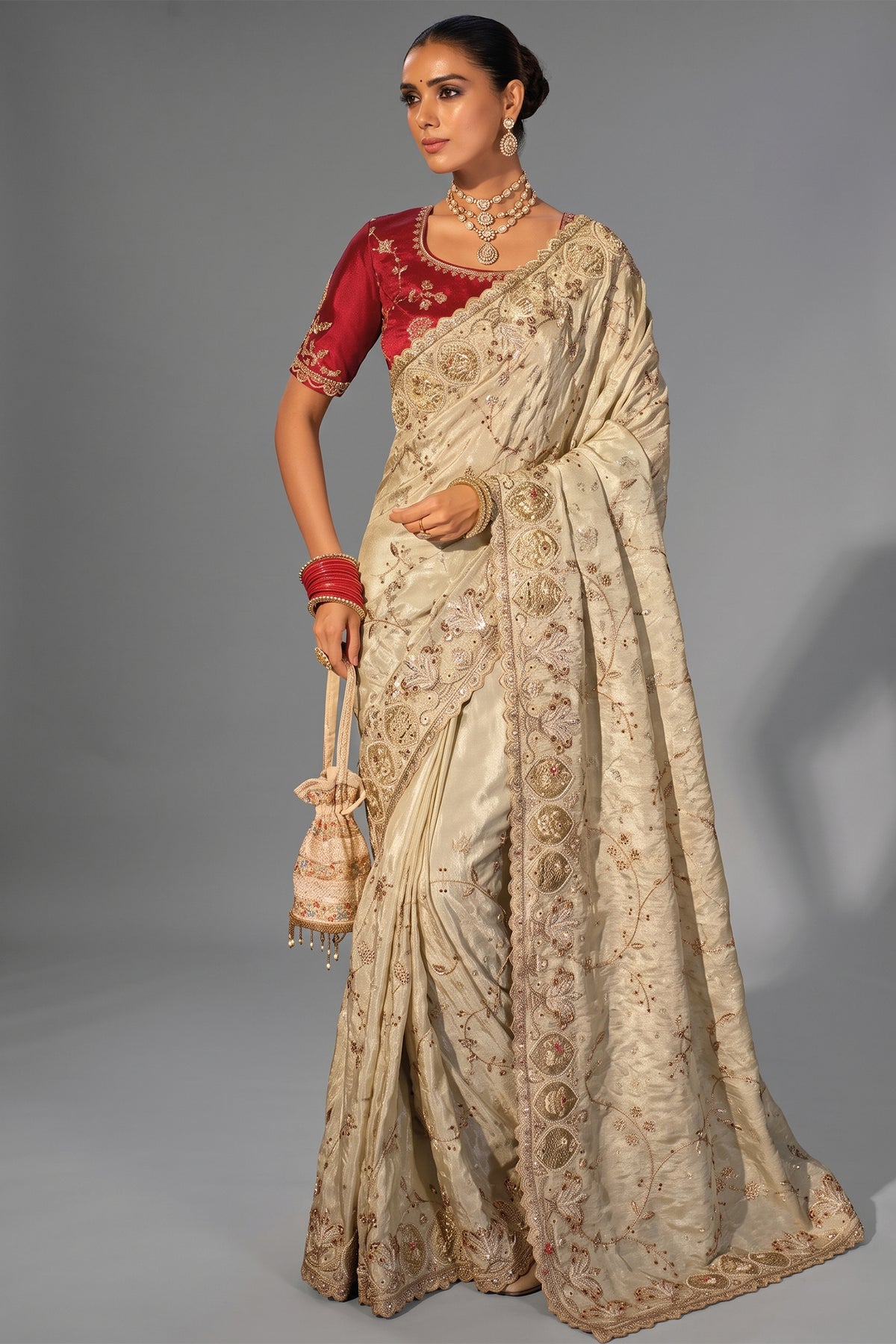 Cream Kanjivaram Zarkan & Cutdana Embroidered Saree
